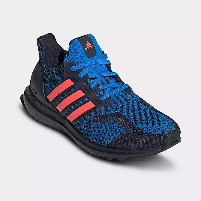 black and blue adidas running shoes with pink stripes