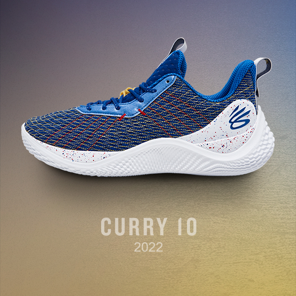 Blue, white, and red Curry 10 basketball shoe